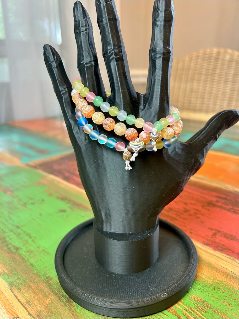 Stackable Pastel Crystal Beaded Bracelet Set Crackle Agate Rainbow Selenite Boho